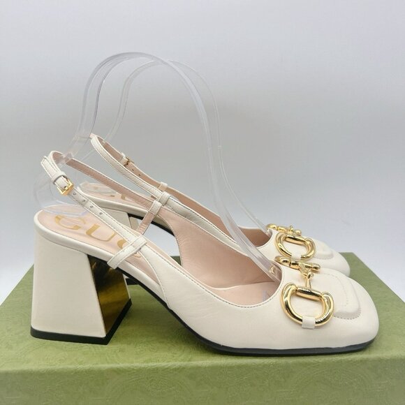 Gucci GG Slingback Horsebit Pump Chunk Heel Mystic White Leather EU 41.5 US 11.5 - Picture 7 of 12